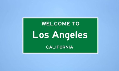 Los Angeles, Kaliforniya 'da bulunan izole edilmiş ABD şehir sınırı işareti. Mavi arka planda ABD 'den gelen isim işareti.