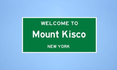 Westchester, New York 'ta bulunan Mount Kisco' nun izole edilmiş şehir sınırı işareti. Mavi arka planda ABD 'den gelen isim işareti.