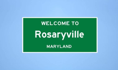 Rosaryville 'in izole edilmiş ABD şehir sınırı işareti, Prince George' s County, Maryland 'de. Mavi arka planda ABD 'den gelen isim işareti.