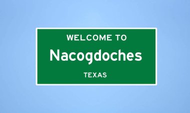 Teksas 'ın Nacogdoches ilçesinde bulunan Nacogdoches' ın izole edilmiş ABD şehir sınırı işareti. Mavi arka planda ABD 'den gelen isim işareti.