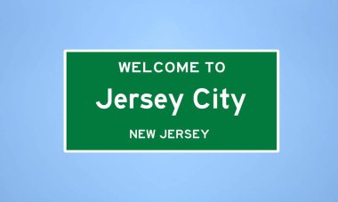 Hudson County, New Jersey 'de bulunan Jersey City' nin izole edilmiş şehir sınırı işareti. Mavi arka planda ABD 'den gelen isim işareti.