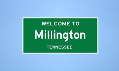 Shelby County, Tennessee 'de bulunan Millington' ın izole edilmiş ABD şehir sınırı işareti. Mavi arka planda ABD 'den gelen isim işareti.