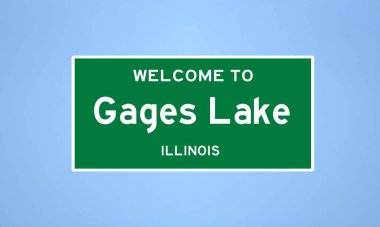 Lake County, Illinois 'de bulunan Gages Gölü' nün izole edilmiş ABD şehir sınırı işareti. Mavi arka planda ABD 'den gelen isim işareti.