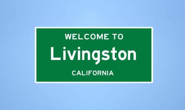 Merced County, Kaliforniya 'da bulunan Livingston' ın izole edilmiş ABD şehir sınırı işareti. Mavi arka planda ABD 'den gelen isim işareti.