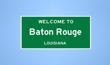 Louisiana 'nın Doğu Baton Rouge ilçesinde bulunan Baton Rouge' un izole edilmiş ABD şehir sınırı işareti. Mavi arka planda ABD 'den gelen isim işareti.