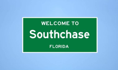 Orange County, Florida 'da bulunan Southchase' in izole edilmiş ABD şehir sınırı işareti. Mavi arka planda ABD 'den gelen isim işareti.