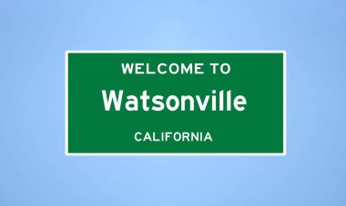 Kaliforniya, Santa Cruz 'da bulunan Watsonville' in izole edilmiş ABD şehir sınırı işareti. Mavi arka planda ABD 'den gelen isim işareti.