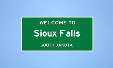 Güney Dakota, Minnehaha 'da bulunan Sioux Falls' un izole edilmiş ABD şehir sınırı işareti. Mavi arka planda ABD 'den gelen isim işareti.