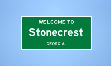 Gürcistan 'ın DeKalb ilçesinde bulunan ABD şehir sınırının izole edilmiş levhası. Mavi arka planda ABD 'den gelen isim işareti.