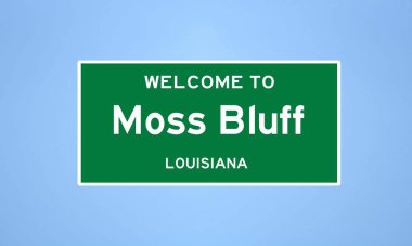 Calcasieu, Louisiana 'da bulunan Moss Bluff' un izole edilmiş şehir sınırı işareti. Mavi arka planda ABD 'den gelen isim işareti.