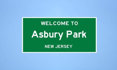 Monmouth County, New Jersey 'de bulunan Asbury Park' ın izole edilmiş şehir sınırı işareti. Mavi arka planda ABD 'den gelen isim işareti.
