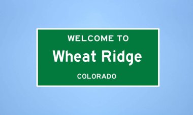 Jefferson County, Colorado 'da bulunan Wheat Ridge' in izole edilmiş ABD şehir sınırı işareti. Mavi arka planda ABD 'den gelen isim işareti.