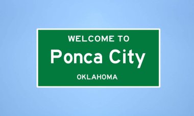 Oklahoma Kay ilçesinde bulunan Ponca City 'nin izole edilmiş ABD şehir sınırı işareti. Mavi arka planda ABD 'den gelen isim işareti.
