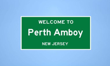 Middlesex, New Jersey 'de bulunan Perth Amboy' un izole edilmiş ABD şehir sınırı işareti. Mavi arka planda ABD 'den gelen isim işareti.