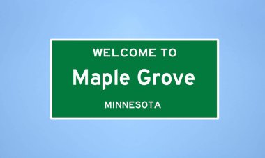 Minnesota 'nın Hennepin ilçesinde bulunan Maple Grove' un izole edilmiş ABD şehir sınırı işareti. Mavi arka planda ABD 'den gelen isim işareti.