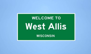 Wisconsin, Milwaukee 'de bulunan West Allis' in izole edilmiş ABD şehir sınırı işareti. Mavi arka planda ABD 'den gelen isim işareti.