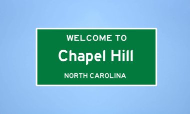 Kuzey Carolina, Orange County 'de bulunan Chapel Hill' in izole edilmiş ABD şehir sınırı işareti. Mavi arka planda ABD 'den gelen isim işareti.