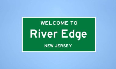 Bergen County, New Jersey 'de bulunan River Edge' in izole edilmiş ABD şehir sınırı işareti. Mavi arka planda ABD 'den gelen isim işareti.