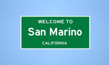 Los Angeles, Kaliforniya 'da bulunan San Marino' nun izole edilmiş ABD şehir sınırı işareti. Mavi arka planda ABD 'den gelen isim işareti.
