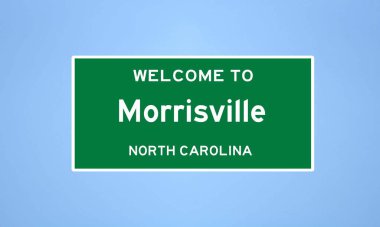 Wake County, Kuzey Carolina 'da Morrisville' in izole edilmiş şehir sınırı işareti. Mavi arka planda ABD 'den gelen isim işareti.