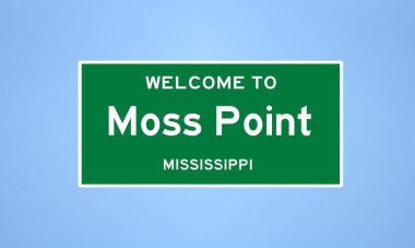 Jackson, Mississippi 'de bulunan Moss Point' in izole edilmiş ABD şehir sınırı işareti. Mavi arka planda ABD 'den gelen isim işareti.