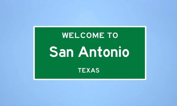 Bexar, Teksas 'ta bulunan San Antonio' nun izole edilmiş şehir sınırı işareti. Mavi arka planda ABD 'den gelen isim işareti.