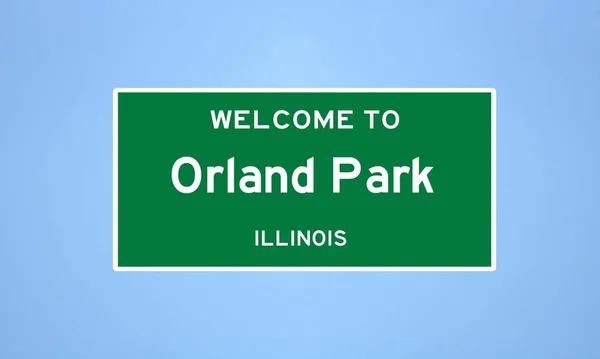 位于伊利诺伊州库克县的奥兰公园的孤立的美国城市界限标志 蓝色背景上来自美国的地名标识 — 图库照片