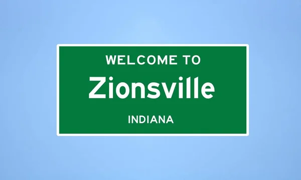 Boone County, Indiana 'da bulunan Zionsville' in izole edilmiş ABD şehir sınırı işareti. Mavi arka planda ABD 'den gelen isim işareti.