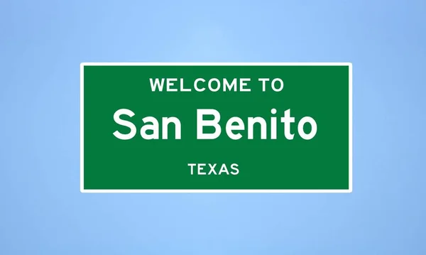 텍사스 카메론 카운티에 베니토의 도시제한 표지판이다 미국에서 파란색 배경으로 표시를 — 스톡 사진