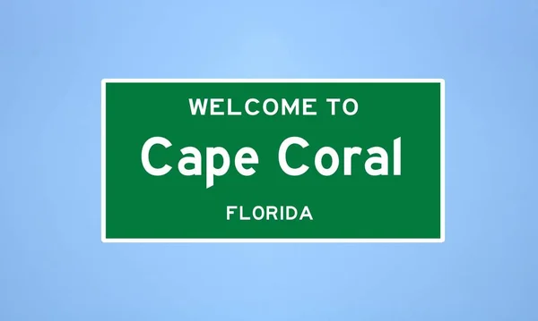 Lee County, Florida 'da bulunan Cape Coral' ın izole edilmiş ABD şehir sınırı işareti. Mavi arka planda ABD 'den gelen isim işareti.
