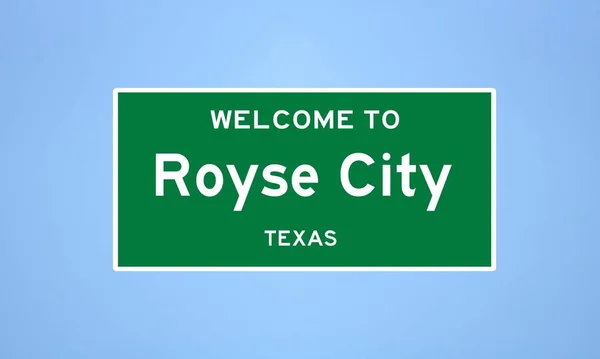 Rockwall, Teksas 'ta bulunan Royse City' nin izole edilmiş şehir sınırı işareti. Mavi arka planda ABD 'den gelen isim işareti.