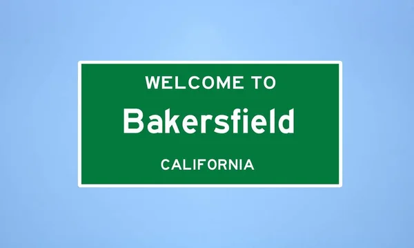 Kern County, Kaliforniya 'da bulunan Bakersfield' ın izole edilmiş ABD şehir sınırı işareti. Mavi arka planda ABD 'den gelen isim işareti.