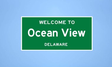 Sussex County, Delaware 'de bulunan Ocean View' in izole edilmiş ABD şehir sınırı işareti. Mavi arka planda ABD 'den gelen isim işareti.