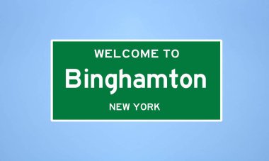 Broome County, New York 'ta bulunan Binghamton' ın izole edilmiş ABD şehir sınırı işareti. Mavi arka planda ABD 'den gelen isim işareti.