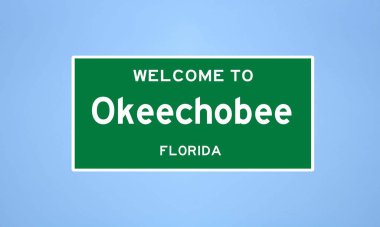 Okeechobee, Florida 'da bulunan Okeechobee' nin izole edilmiş ABD şehir sınırı işareti. Mavi arka planda ABD 'den gelen isim işareti.