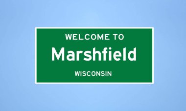 Wisconsin, Wood County 'de bulunan Marshfield' ın izole edilmiş ABD şehir sınırı işareti. Mavi arka planda ABD 'den gelen isim işareti.