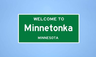 Minnetonka 'nın Minnesota, Hennepin' de bulunan izole edilmiş ABD şehir sınırı işareti. Mavi arka planda ABD 'den gelen isim işareti.