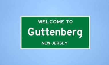 Hudson County, New Jersey 'de bulunan Guttenberg' in izole edilmiş ABD şehir sınırı işareti. Mavi arka planda ABD 'den gelen isim işareti.