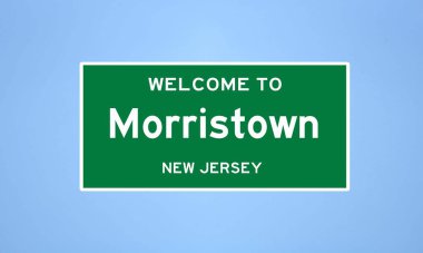Morris County, New Jersey 'de bulunan Morristown' un izole edilmiş ABD şehir sınırı işareti. Mavi arka planda ABD 'den gelen isim işareti.