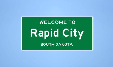 Güney Dakota Pennington 'da bulunan Rapid City' nin izole edilmiş şehir sınırı işareti. Mavi arka planda ABD 'den gelen isim işareti.