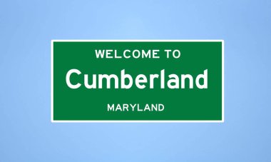 Allegany County, Maryland 'de bulunan Cumberland' in izole edilmiş ABD şehir sınırı işareti. Mavi arka planda ABD 'den gelen isim işareti.