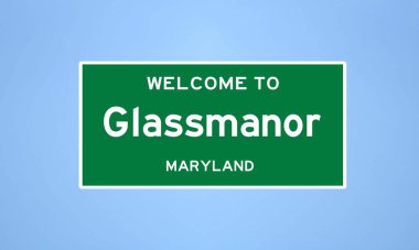 Prince George, Maryland 'de bulunan Glassmanor' un izole edilmiş ABD şehir sınırı işareti. Mavi arka planda ABD 'den gelen isim işareti.