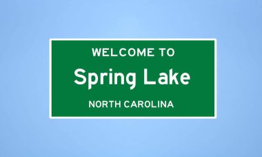 Cumberland County, Kuzey Carolina 'da bulunan Spring Lake' in izole edilmiş ABD şehir sınırı işareti. Mavi arka planda ABD 'den gelen isim işareti.