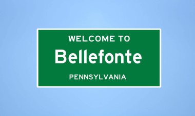 Merkez County, Pennsylvania 'da bulunan Bellefonte' nin izole edilmiş ABD şehir sınırı işareti. Mavi arka planda ABD 'den gelen isim işareti.