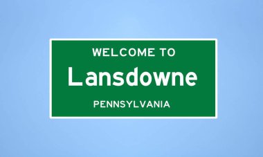 Pennsylvania, Delaware 'de bulunan Lansdowne' un izole edilmiş ABD şehir sınırı işareti. Mavi arka planda ABD 'den gelen isim işareti.