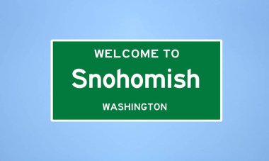 Snohomish, Washington 'da bulunan ıssız ABD şehir sınırı işareti Snohomish. Mavi arka planda ABD 'den gelen isim işareti.