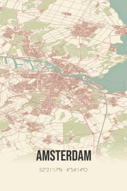 Amsterdam, Noord-Holland, Randstad bölgesi klasik sokak haritası. Retro Hollanda şehir planı.