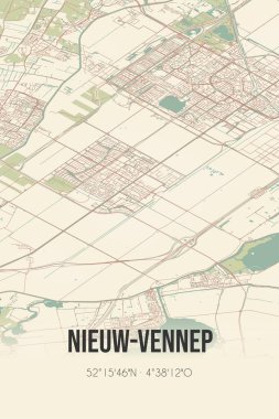 Nieuw-Vennep, Noord-Holland, Schiphol bölgesi klasik sokak haritası. Retro Hollanda şehir planı.