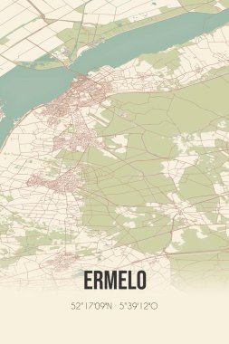 Ermelo, Gelderland, Veluwe bölgesi klasik sokak haritası. Retro Hollanda şehir planı.