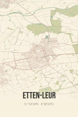 Etten-Leur, Noord-Brabant klasik sokak haritası. Retro Hollanda şehir planı.